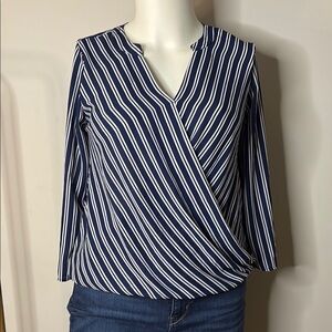 a.n.a Blue and White Wrap Blouse 3/4 Sleeve